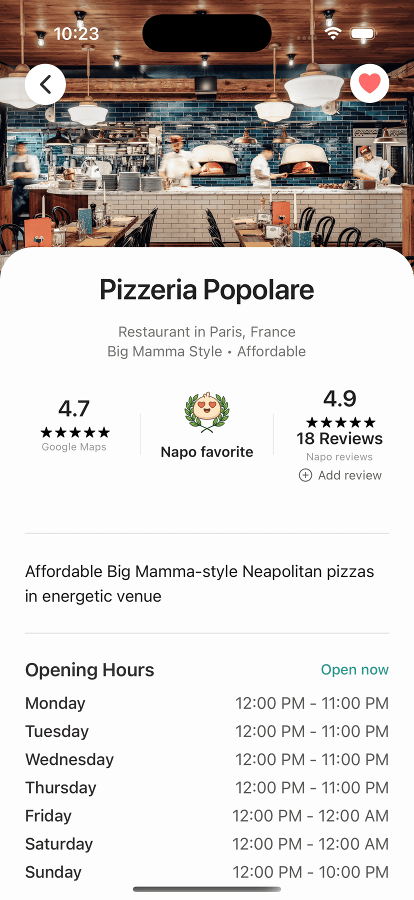Napo pizza app screenshot showing pizzeria discovery feature with interactive map, restaurant details, ratings, and bookmark functionality for finding great pizza places worldwide