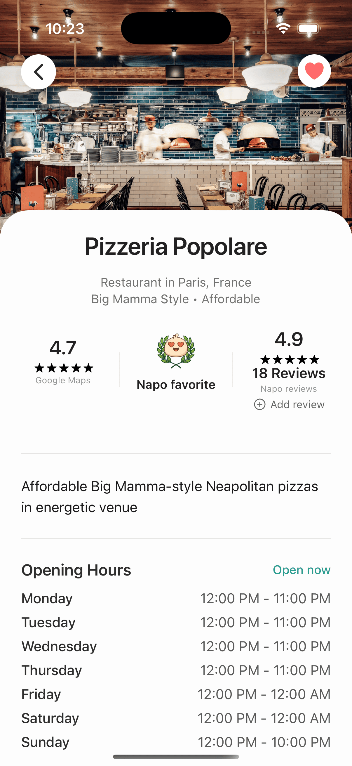 Napo pizza app screenshot showing pizzeria discovery feature with interactive map, restaurant details, ratings, and bookmark functionality for finding great pizza places worldwide