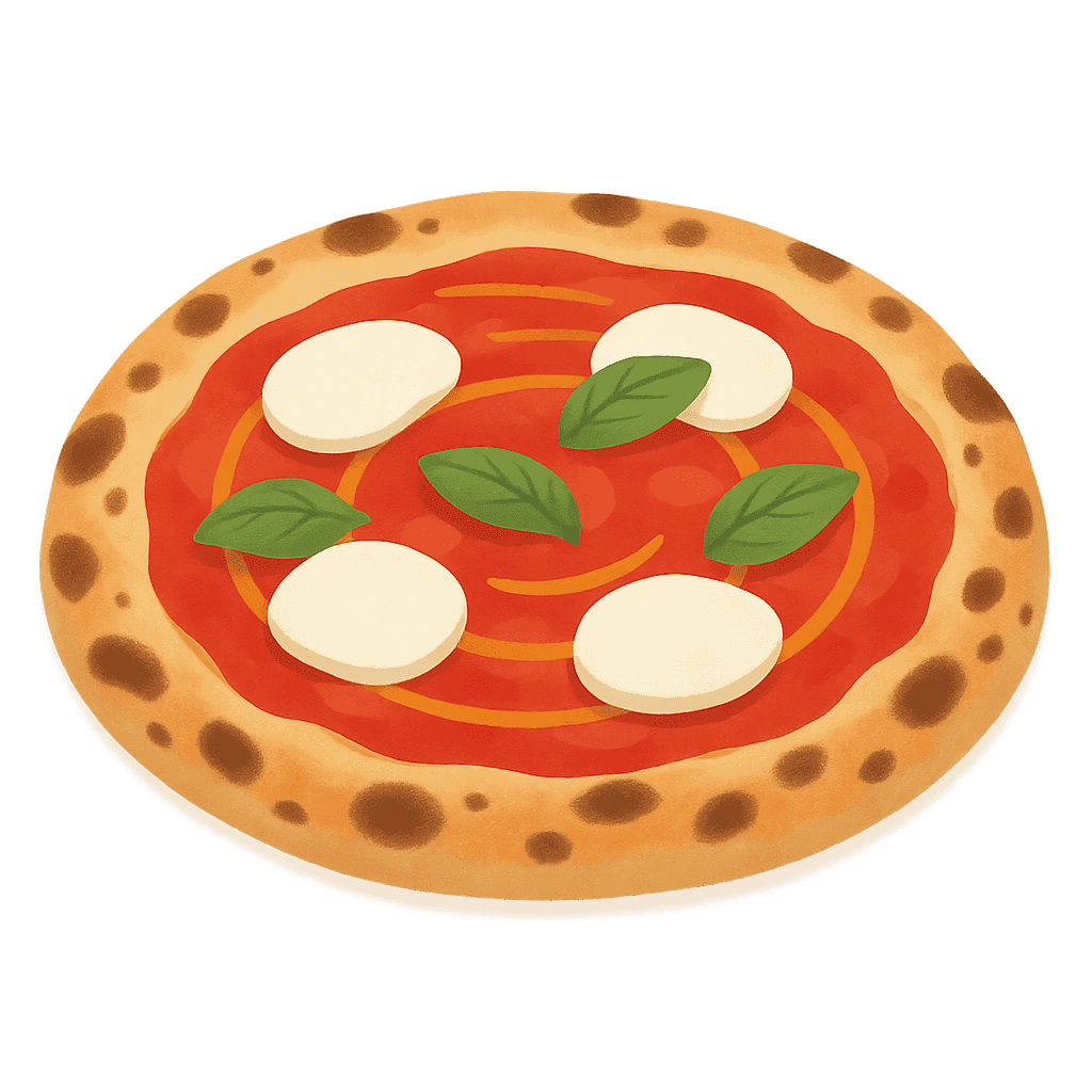 Illustrated Neapolitan pizza with a golden crust, tomato, mozzarella and basil