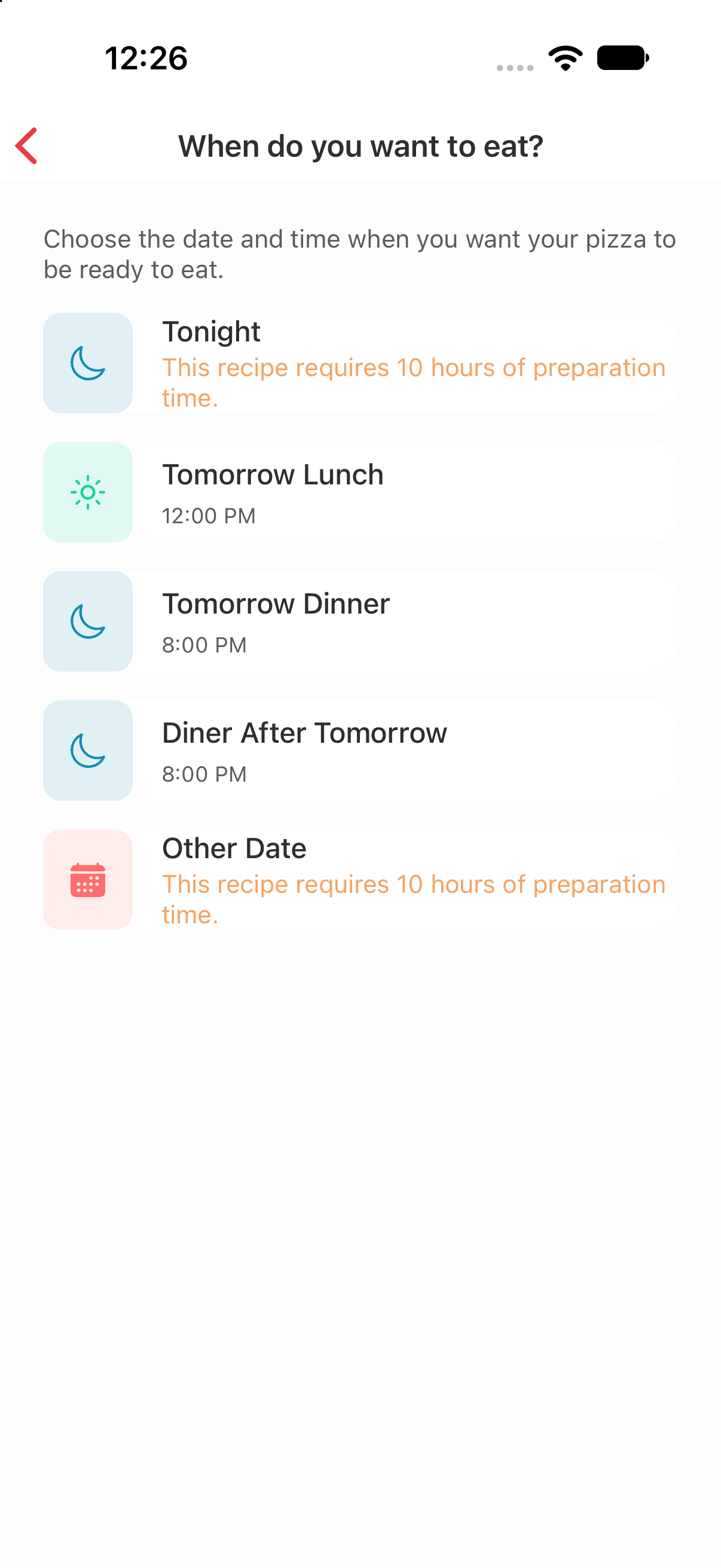 Napo meal-time screen with tonight, tomorrow and custom date options
